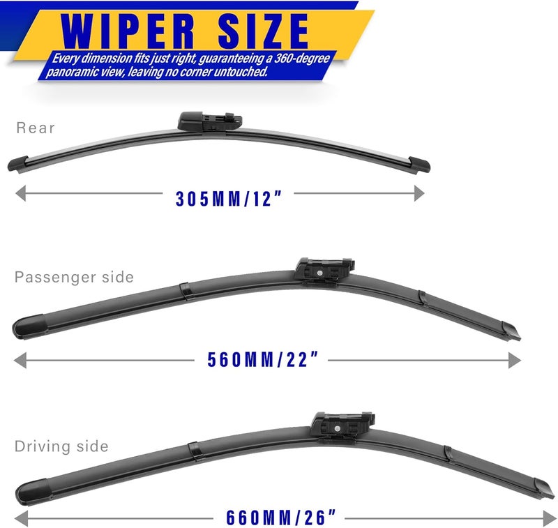 Rooppa 3 wipers Replacement for 2018-2022 2023 VW Volkswagen Atlas, Windshield Wiper Blades Original Equipment Replacement - 26"/22"/12" (Set of 3) Top Lock - Image 2